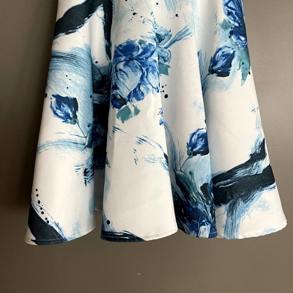 Lulu's Calligraphy Fonts Blue and Ivory Print Skater Dress Sz XS Abstract Floral - Picture 8 of 16